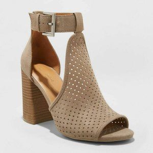Microsuede Laser Cut Block Heel Pumps Taupe